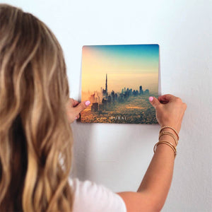 Dubai Skyline Slidetile on wall in office.