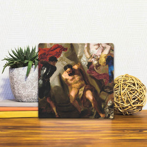 A Slidetile of the The Death of Samson sitting on a table.