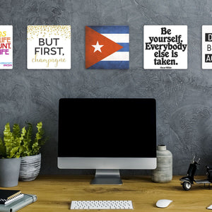 Model mounting The Cuban Grunge Flag Slidetile to the wall.