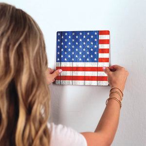 The American Flag on Wood Slidetile on wall in office.