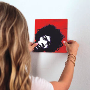 Hendrix on Red Slidetile on wall in office.