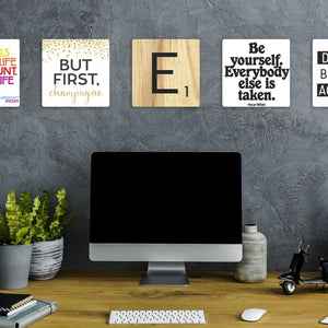 Model mounting Letter E - Light Wood Slidetile to the wall.