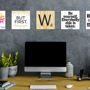 Model mounting Letter W - Light Wood Slidetile to the wall.