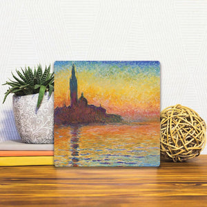 A Slidetile of the San Giorgio Maggiore at Dusk sitting on a table.