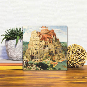 A Slidetile of the Tower of Babel sitting on a table.