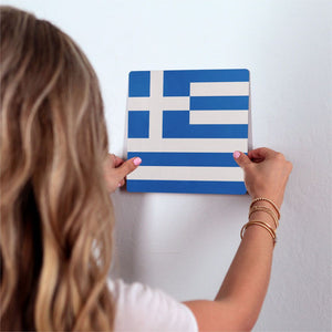 The Greek Flag Slidetile on wall in office.