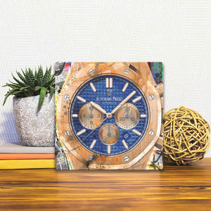 A Slidetile of the Audemars Piguet in Wood sitting on a table.