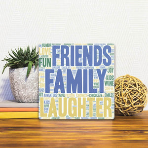 A Slidetile of the Friends Family Laughter sitting on a table.